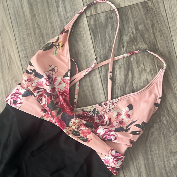 Black and Pink Floral One Piece Swimsuit - Picture 2 of 4